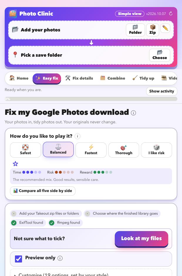 The Easy fix screen with the five styles