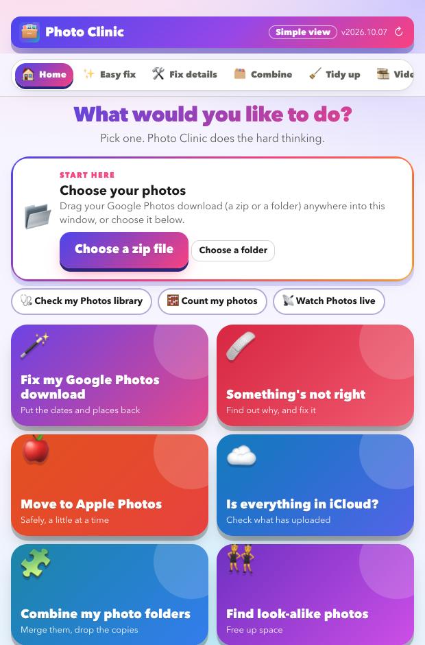 The Photo Clinic home screen