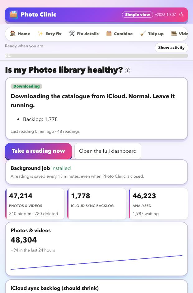 The Photos Health tab showing a verdict, library counts and a trend chart